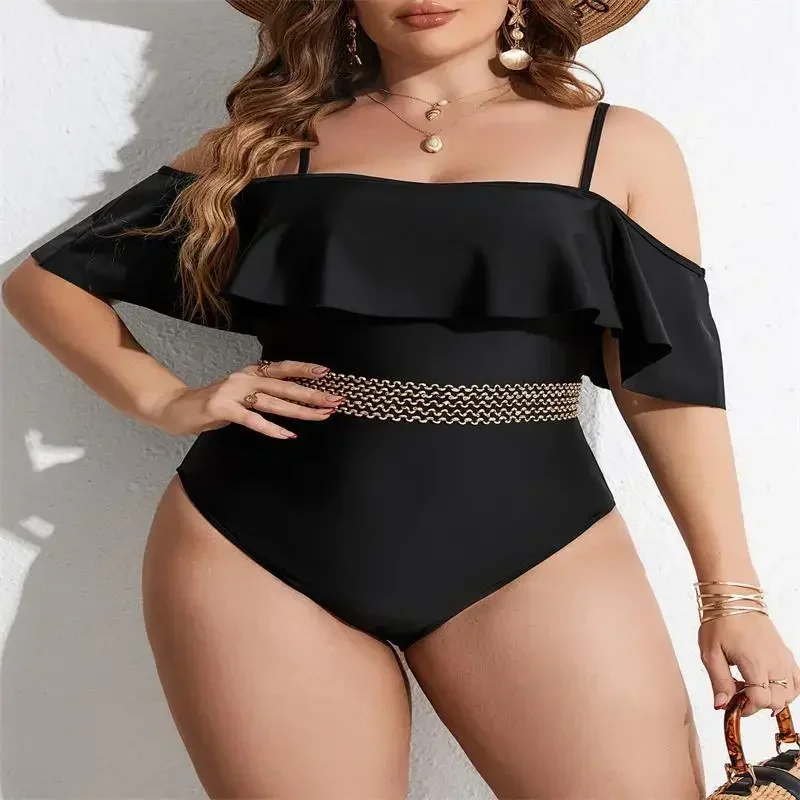 2024 neue Damenmode, sexy, einteiliger europäischer und amerikanischer Badeanzug, einfarbig, mit Rüschen, Plus-Size-Badeanzug