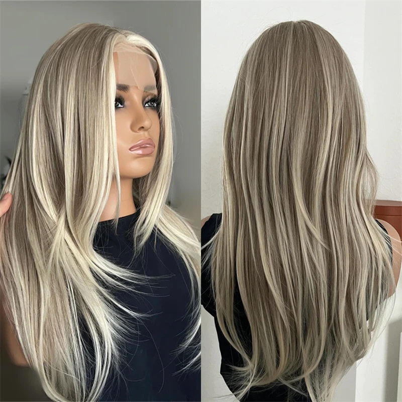 

Fashion Ombre Ash Brown Blonde Free Part Synthetic Lace Front Wig Cosplay Daily Party Wigs Preplucked Hairline with Baby Hair