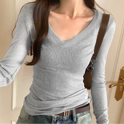 2023 Spring Autumn Basic Thin T Shirt for Women Korean Style Tops Long Sleeve V Neck Tshirts Female Sexy Slim Tee Shirt Femme