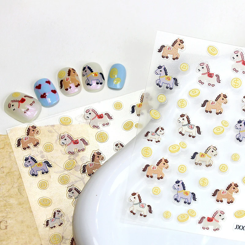 Autocollant du zodiaque 5D pour Nail Art, mignon, nouvel an chinois, cheval, animaux, poney porte-bonheur, décalcomanies de manucure, décoration festive en relief pour ongles