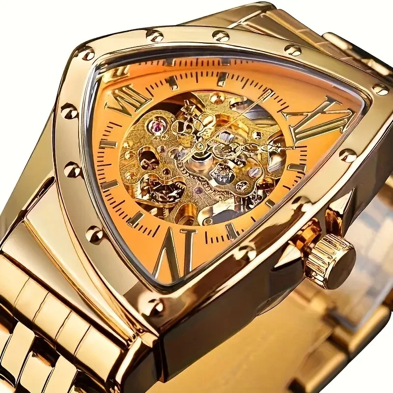 Light Luxury Triangular Men's Automatic Skeleton Mechanical Watch, Punk-Style Cool Irregular Large Dial Men's Wristwatch, Steel Band Waterproof Men's Watch, High-End Business Casual Versatile Model, Precise Timekeeping, Wear-Resistant and Scratch-Proof, Trendy Men's Accessory, Suitable for Both Personal Use and Holiday Gifts, Hot-Selling Men's Mechanical Wristwatch