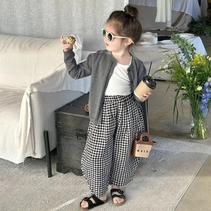 

Girls Clothing Set Spring and Autumn New Children's Gray Thin Knitted Cardigan Jacket+Laid Casual Pants 2-piece Set
