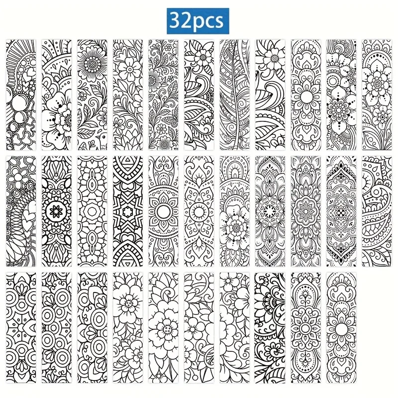 32Pcs Mandala Coloring Bookmarks Set Black White Complex Floral Mandala Pattern for Christmas Birthday DIY Coloring Activities