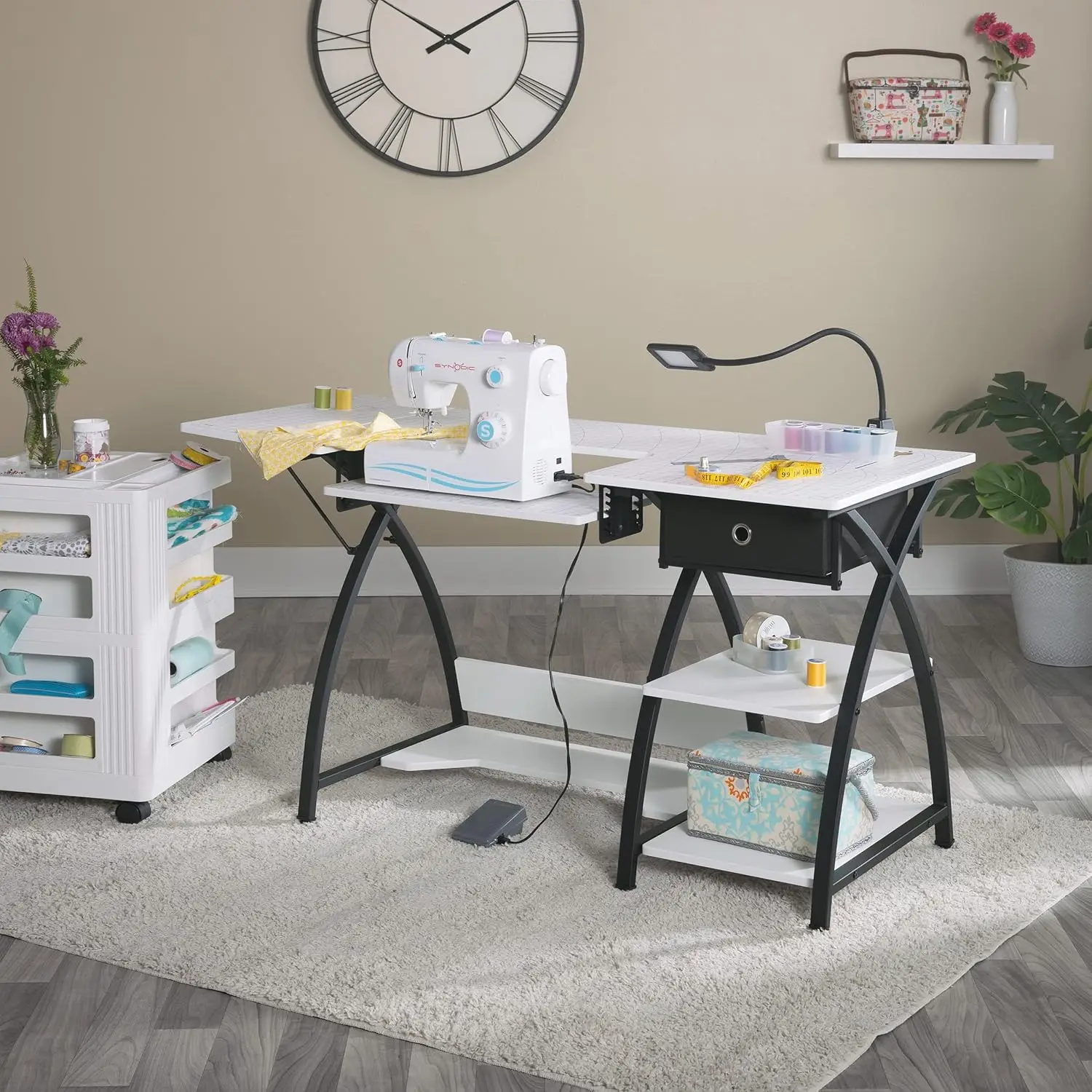 Comet Drawer Top Sewing Table, Black/White/Grid