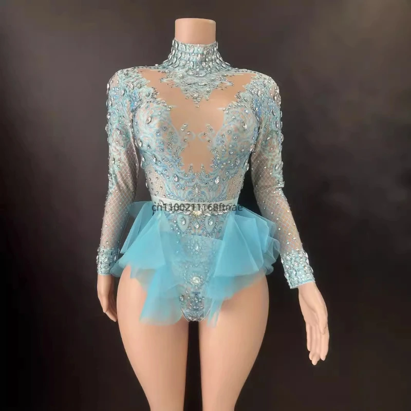 

New Jazz Dance Costume Sexy Shiny Water Diamond Elastic Slimming Pink Mesh Jumpsuit Stage Performance Costume for Women