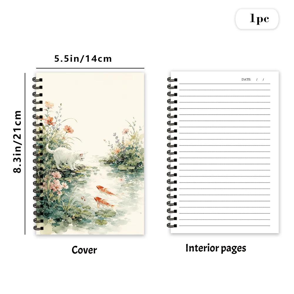 White Cat Lotus Pond  Notebook 1pc, Blank Lined Pages, Ideal Gift for Note-Taking, Inspiring for Everyone, Perfect for Students
