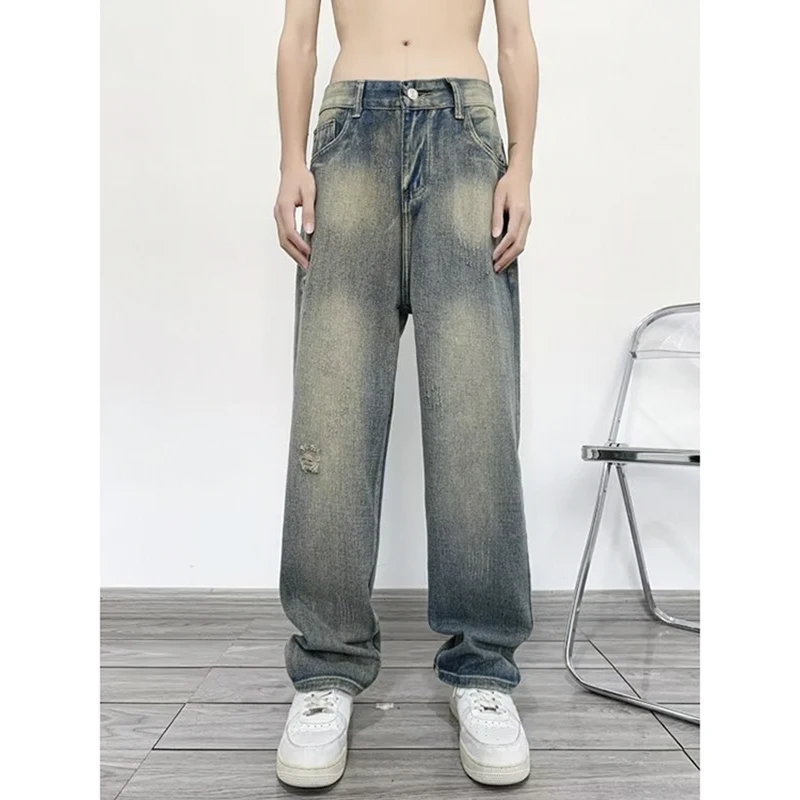 

High Quality Autumn Stretch Cotton Hole Men's Full Length Jeans Streetwear Design Denim Pants Korea Casual Trousers Male B167