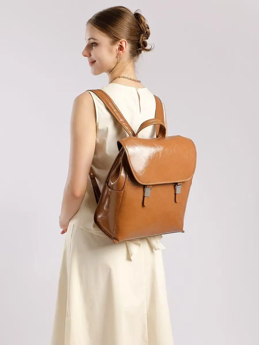 

Leather double shoulder bag durable cowhide computer backpack academic style 14-inch large capacity bag