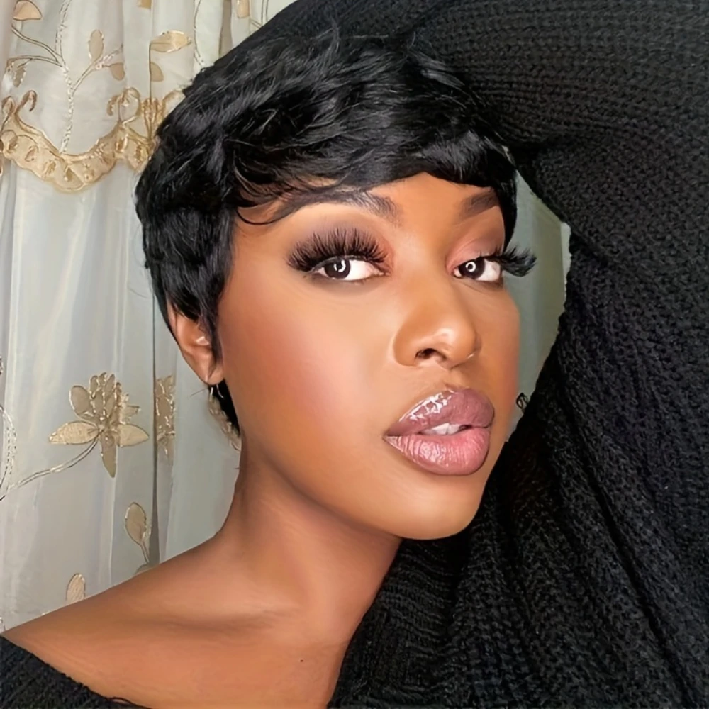 ピクシーカット ウェーブのかかった人毛ウィッグ 女性用 フルマシンメイドウィッグ ショートレイヤード ウェーブのかかったウィッグ 前髪付き