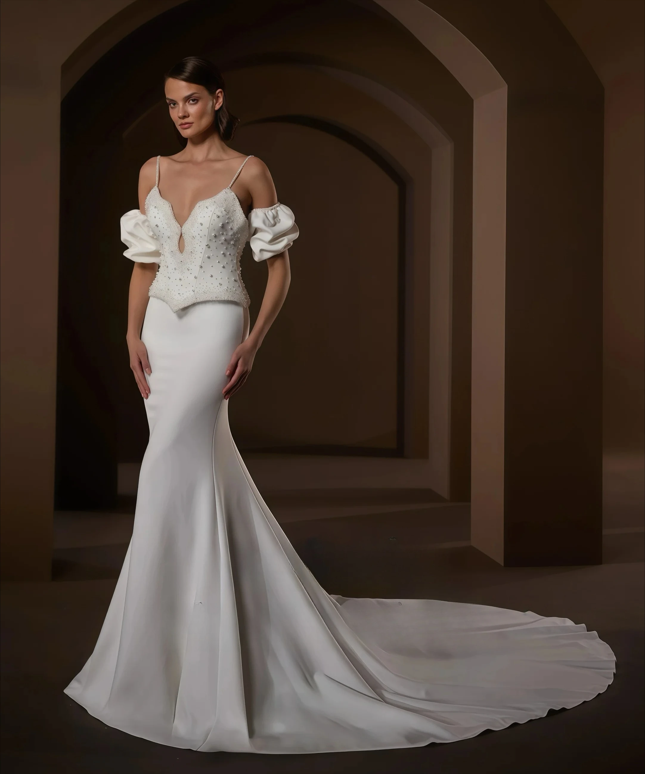 Customized Textured Lace Off Shoulder Puff Cuff Deep V Fishtail Lace Up Back Sweep Train Floor Length Classic Bridal Attire