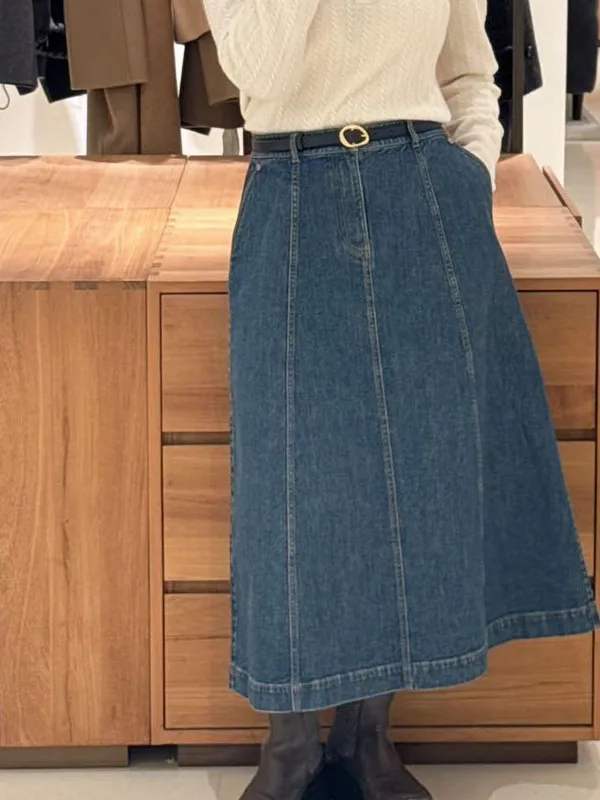 

High Waist mid Blue Denim Skirt Korean Style Commute A-Line Half-length Women's Fashion Spring New Arrival Slimming T63034