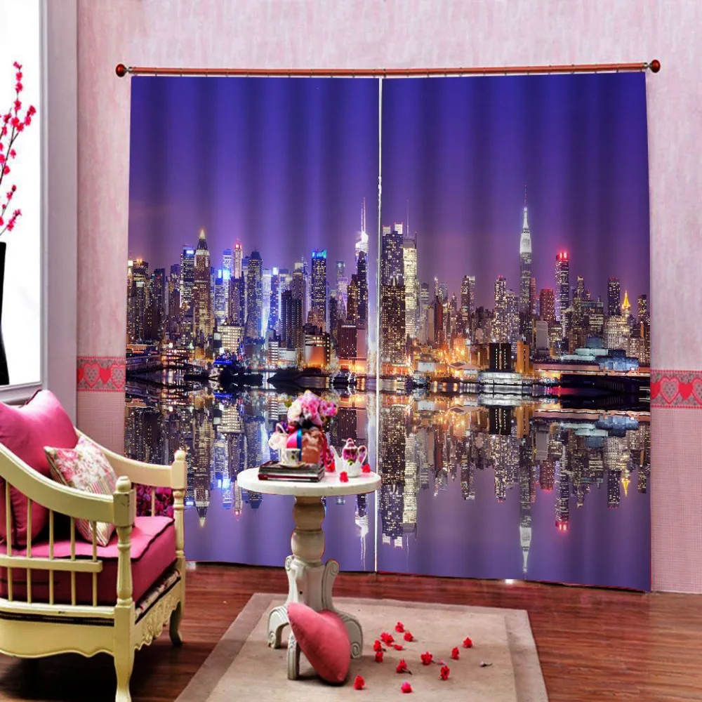 Purple city night curtains 3D Window Curtain print Luxury Blackout For Living Room blackout curtains