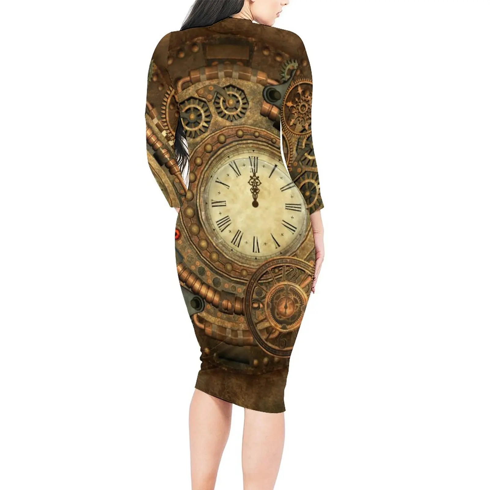 Steampunk Dress Long Sleeve Wonderful Clockwork Trendy Dresses Spring Female Street Wear Design Bodycon Dress Large Size 5XL 6XL