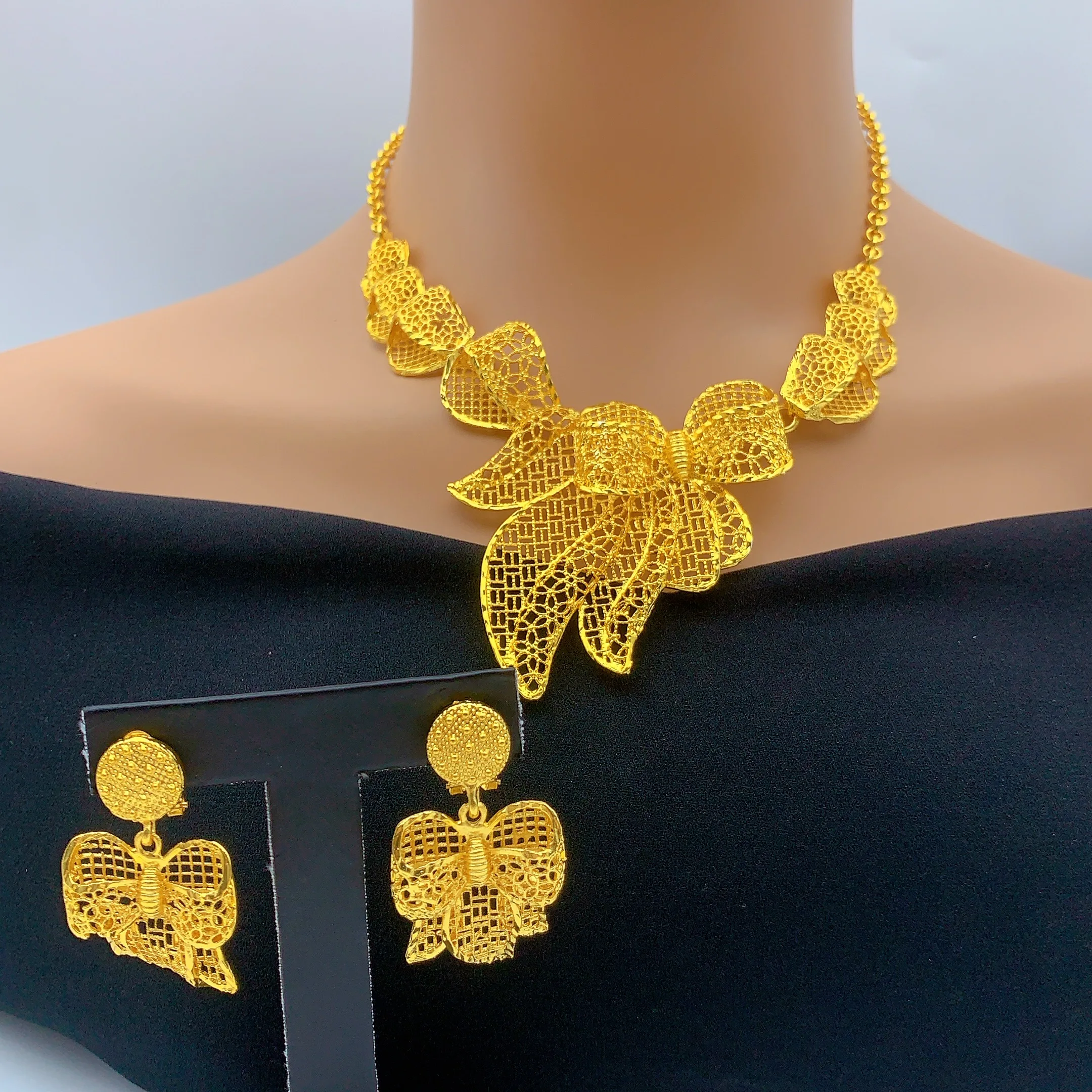 Luxus Dubai Braut 24k vergoldete Halskette und Ohrringe Schmucksets für Frauen äthiopisches indisches Set Hochzeitsgeschenke
