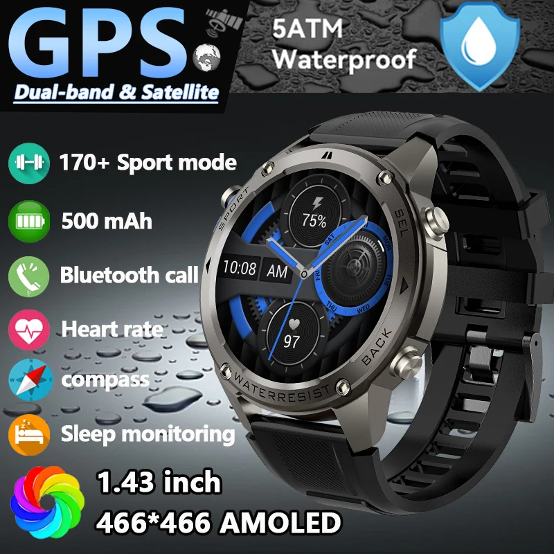 

2025 Новые точные GPS-смарт-часы 5ATM Водонепроницаемый компас 500 мАч 170 + спортивный режим Bluetooth-вызов 1,43 дюйма HD AMOLED Смарт-часы