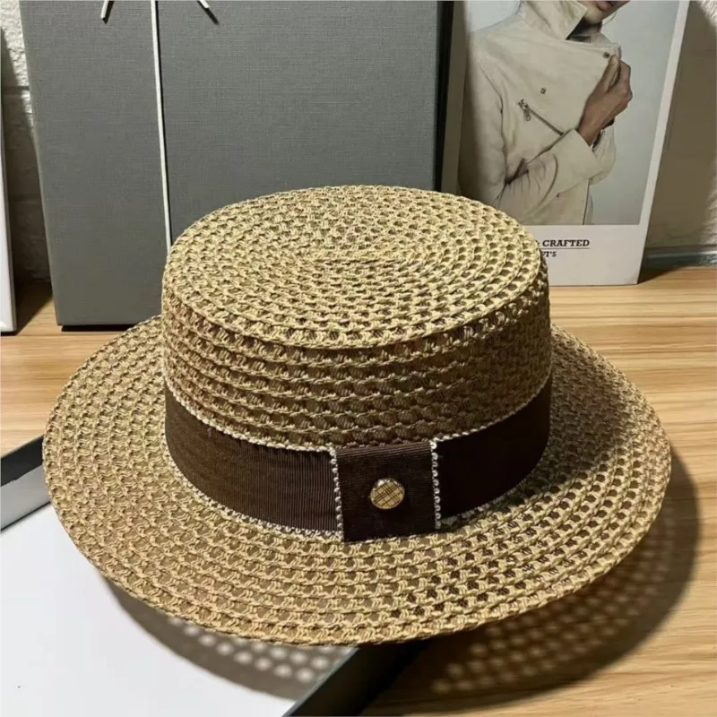 hat black and white hollowed-out flat top versatile vacation