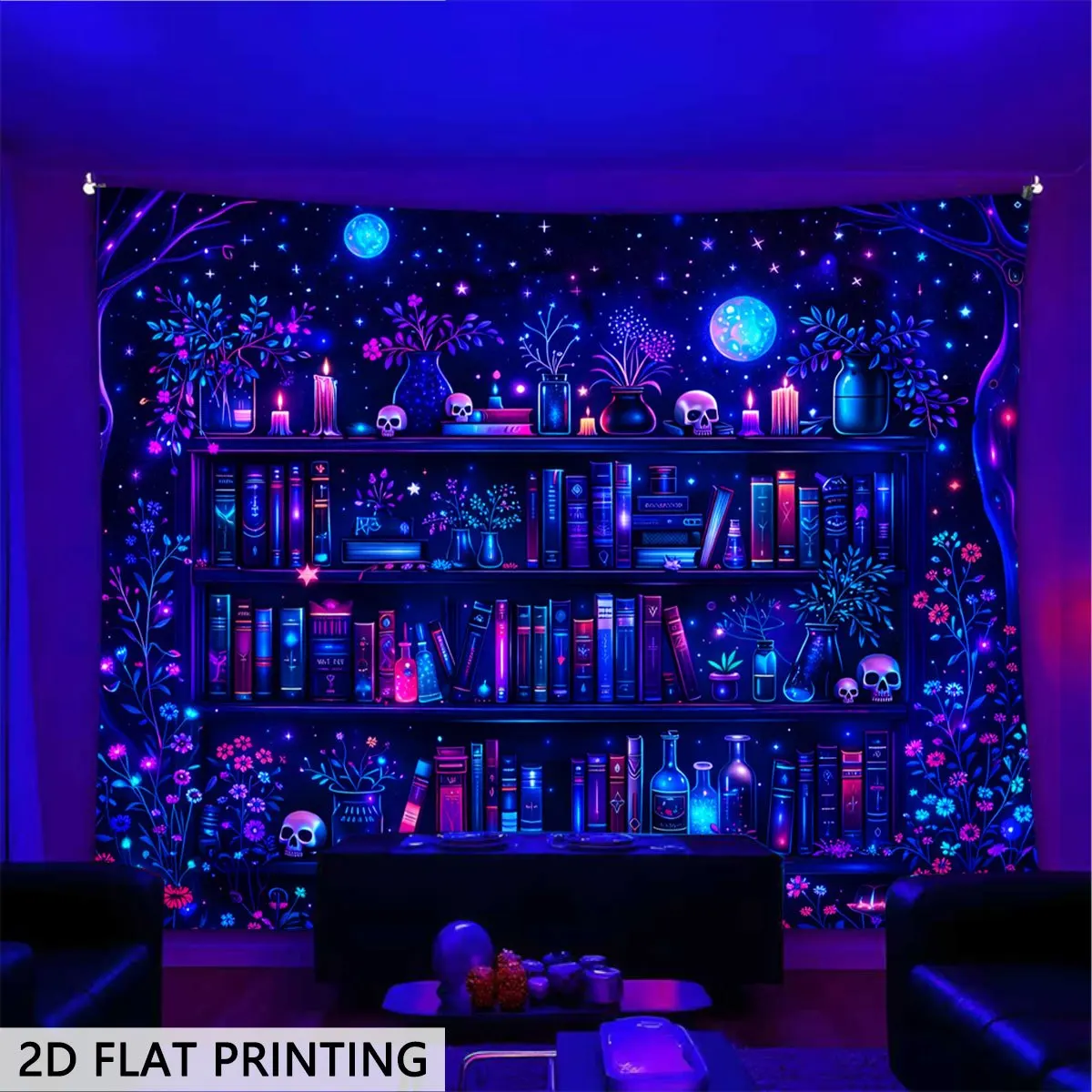 Cosmic Galaxy Library Tapestry Wall Hanging Blue Bookshelf Fantasy Academia Sci-Fi Starry Night Sky Home Decor Room Decoration A