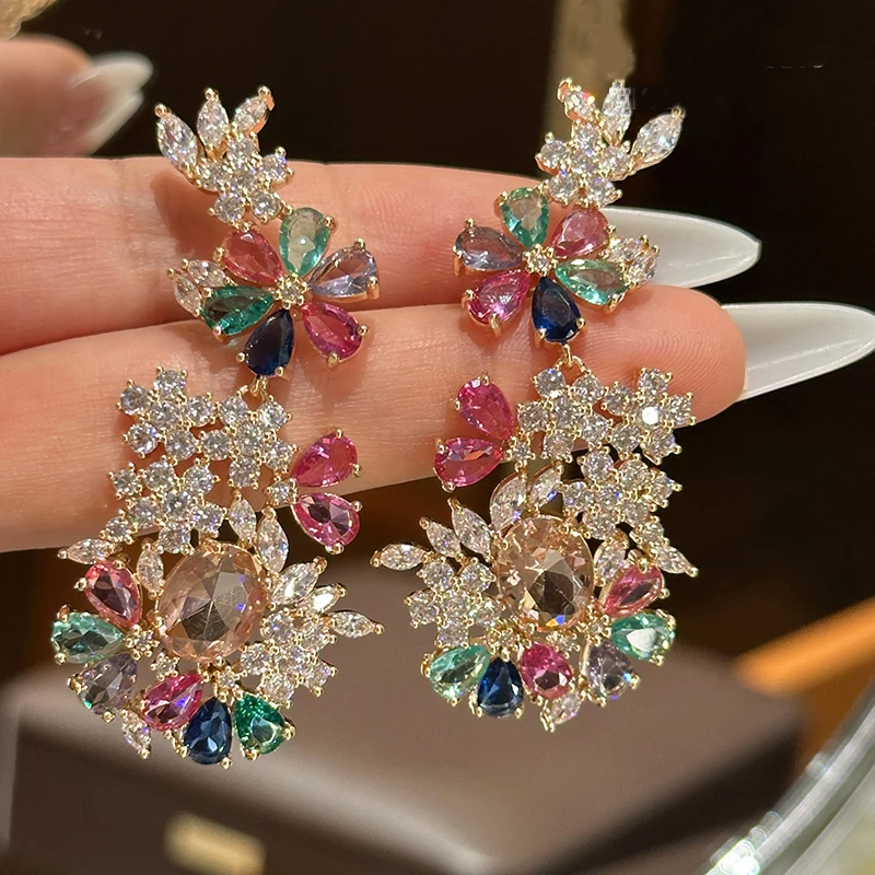 Exaggerated colorful flower cluster earrings colored zircon floral luxurious elegant ear accessory for women