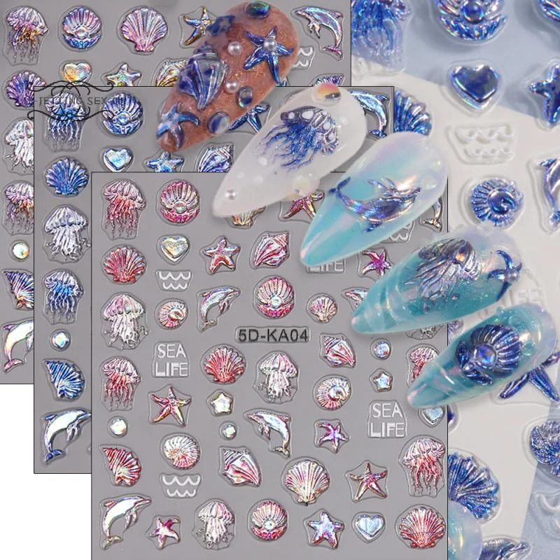 DIY Supplies Nails Slider Embossed Jellyfish Shell Ocean Nail Art Sticker Self Adhesive Marine Life Whale Nail Decals Manicure