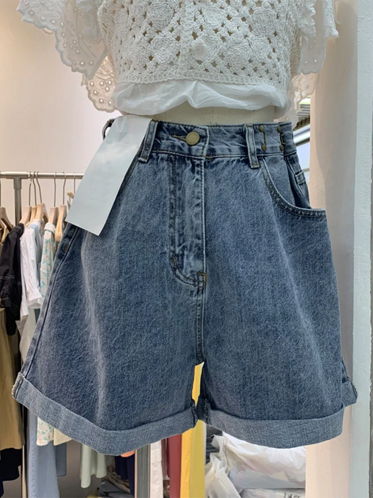 Vintage Washed Roll Cuff Denim Shorts Women High Waist Adjustable Side Button Loose Wide Leg Jean Shorts ﻿