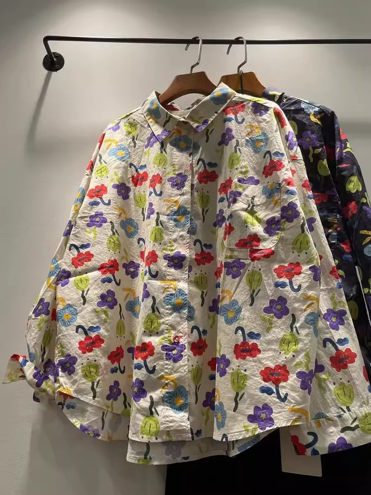 

Harajuku модные хлопковые блузки с цветочным принтом, топы с длинными рукавами для женщин, оригинальный дизайн, большой размер, гавайская рубашка большого размера