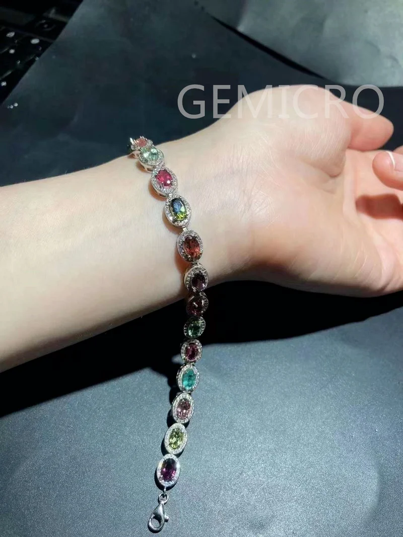 Gemicro Natural Brazilian Tourmaline Charm Bracelet  Gemstone Fine Jewelry for Women Anniversary Gift 925 Sterling Silver