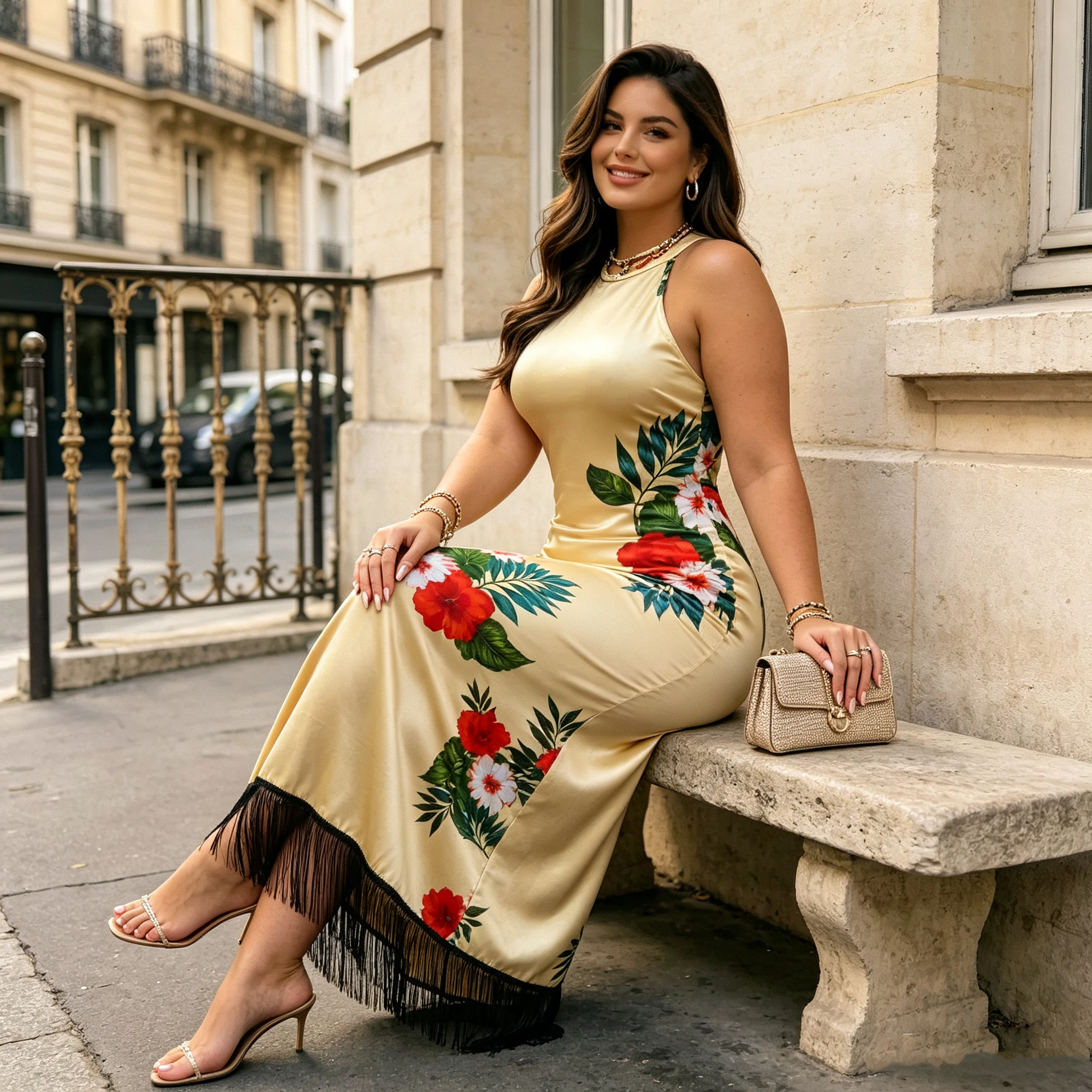 Vestido midi de talla grande con cuello halter para mujer, estampado floral tropical amarillo, vestido ajustado de satén con borde de flecos negros, ideal para fiestas de noche y bodas.