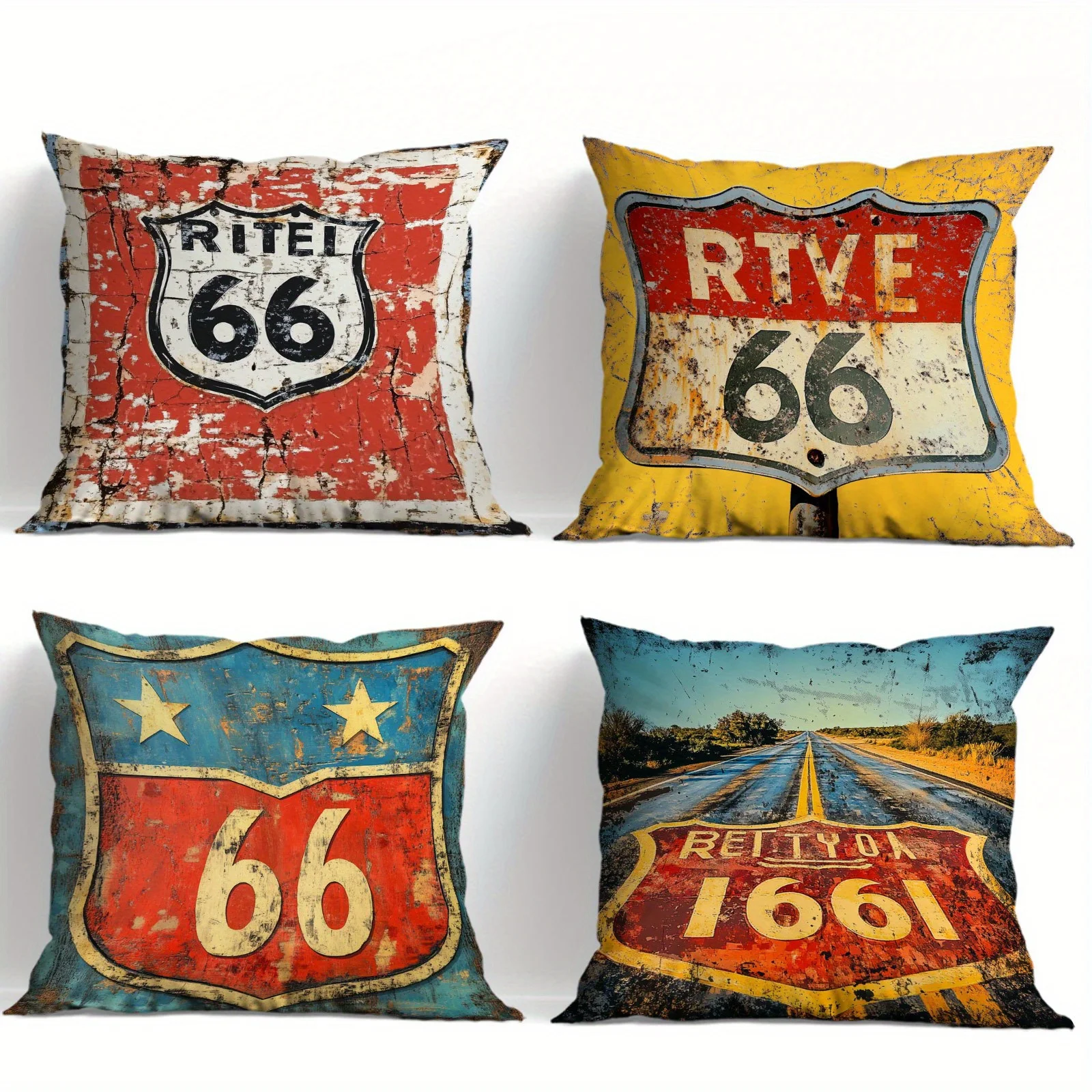 

4pcs Vintage Route 66 Throw Pillow Covers | Retro Road Map Design, Machine Washable, Zippered Polyester Cushion Cases