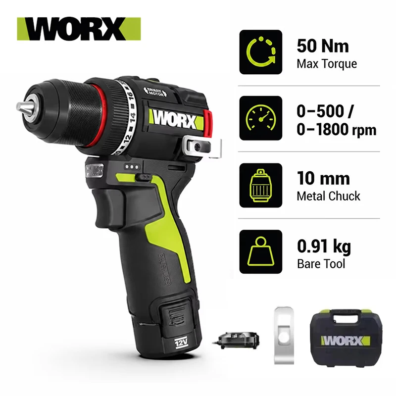 Image of Original WORX WU135 Akku-Bohrschrauber 12V 50Nm 1800 U/min Bürstenloser Motor Elektrischer Schraubendreher Schlagbohrer Metallbearbeitung Smart Cutch