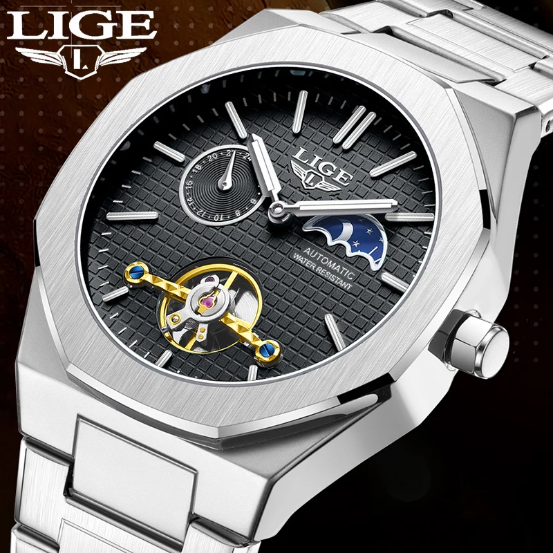 

LIGE 2025 New Moon Phase Display Mechanical Men's Watch Fashion Business Watch Men Sports Waterproof Automatic Watches For Men
