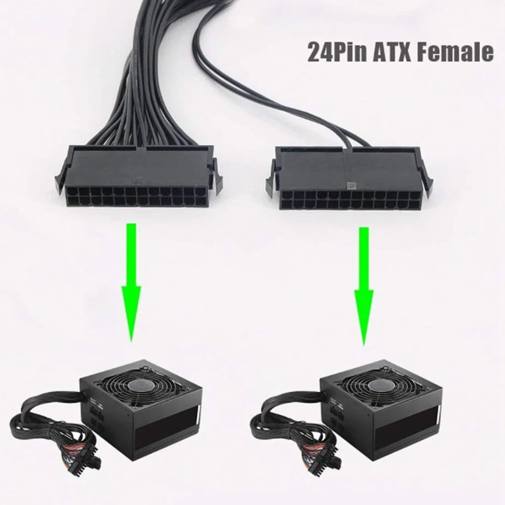 2Pcs Power Adapter Pack Dual PSU Extension Cable, 24 Pin 18 AWG, Used for ATX Motherboard Game Mining