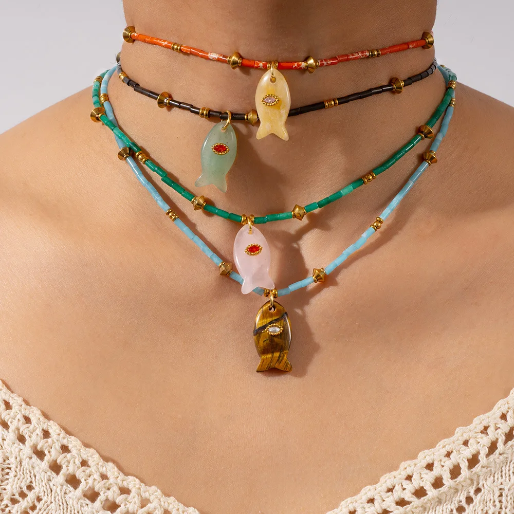 

Cute Ocean Animal Fish Charm Necklace Natural Stone Beaded Choker Stainless Steel Waterproof Vacation Summer Beach Jewelry Gift
