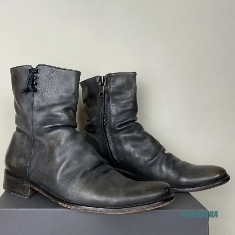 Vintage Black Leather Men's Ankle Boots Round Toe Side Zipper Low Heel Casual Soft Wrinkled Leather Fashion Shoes