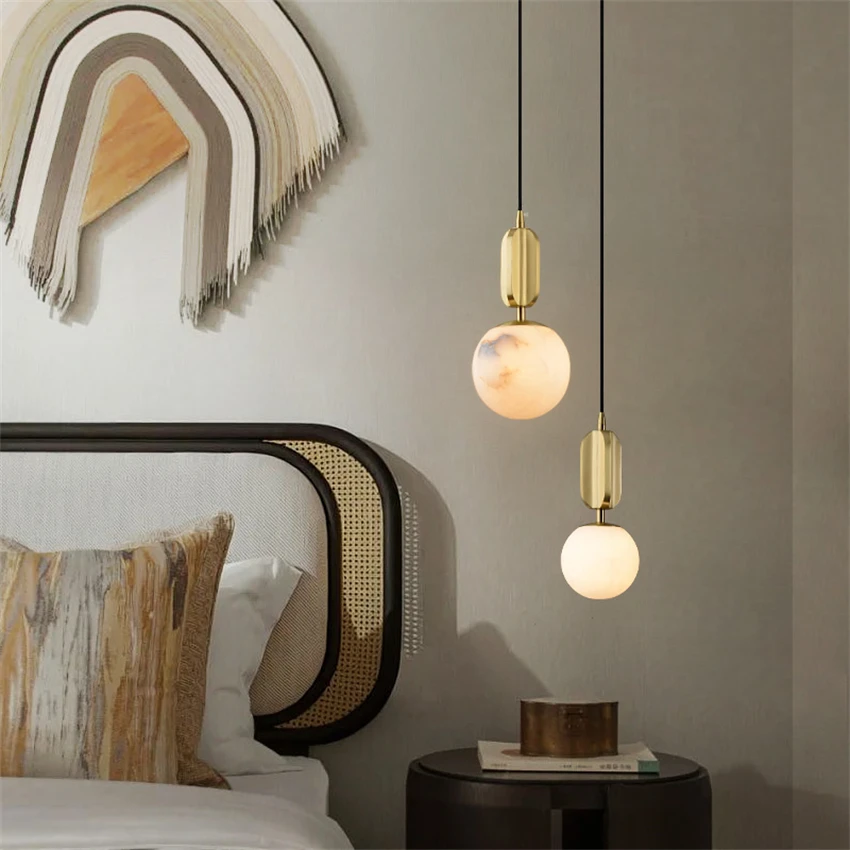 Marble copper geometric pendant lights bedroom bedside lamp single dining desk study hanging lights Chinese luxury fixtures