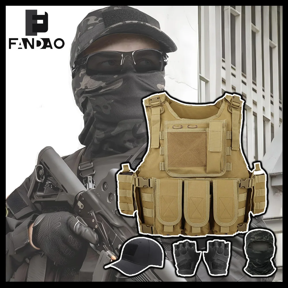 Tactical Vest Set Airsoft Molle Vest Protective Equipment with Cap Half-Finger Gloves Balaclava for Men's CS Paintball Shooting