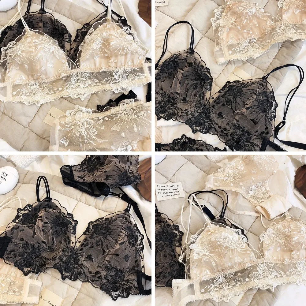 

Embroidered Lace Bralette Set, Triangle Cup Wireless Bra for Large Breasts, Ultra Thin & Breathable Lingerie