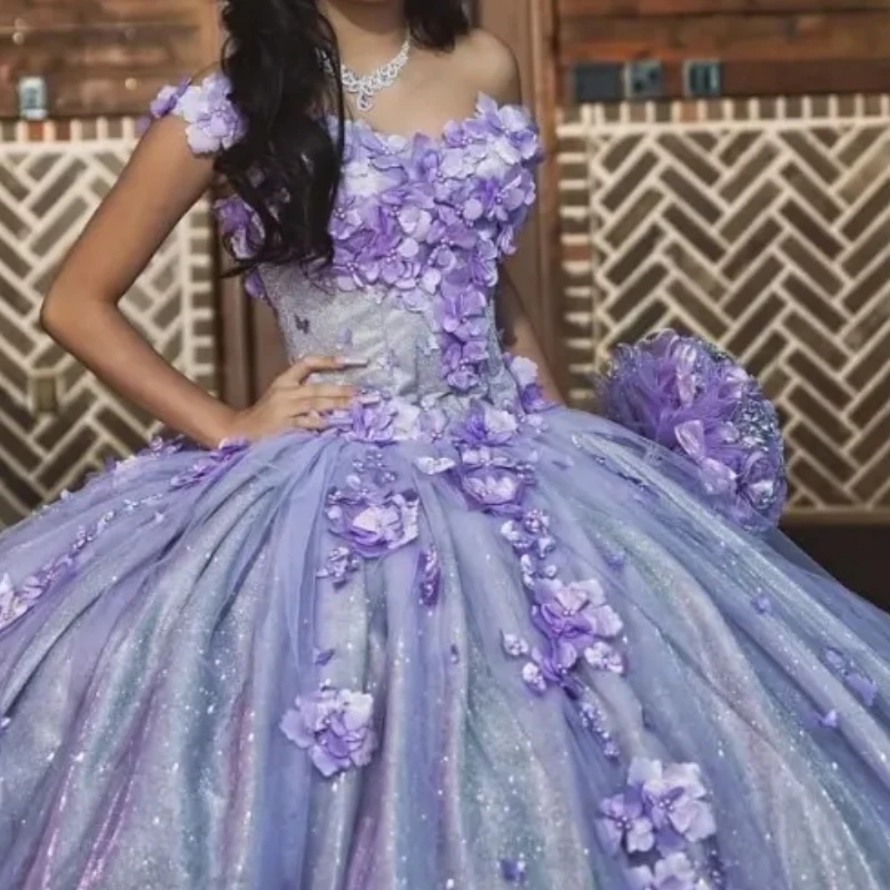 Saudi Arabic Cinderella Lavender Quinceanera Dresses Formal Prom 3D Flowers Graduation Gowns Princess Vestidos De 15 Anos 2024