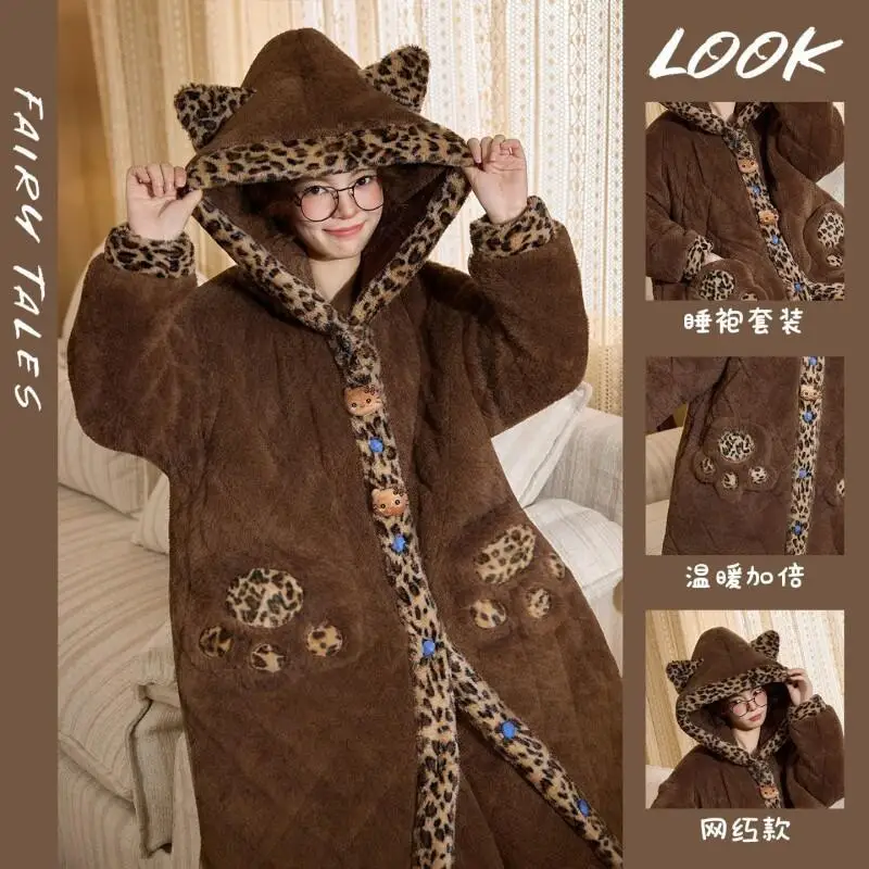 

Комплект женской пижамы Sanrio Hello Kitty: осенне-зимний, из кораллового флиса, с леопардовым принтом, утолщенный, плюшевый, теплый, уютный домашний костюм для сна для девочек