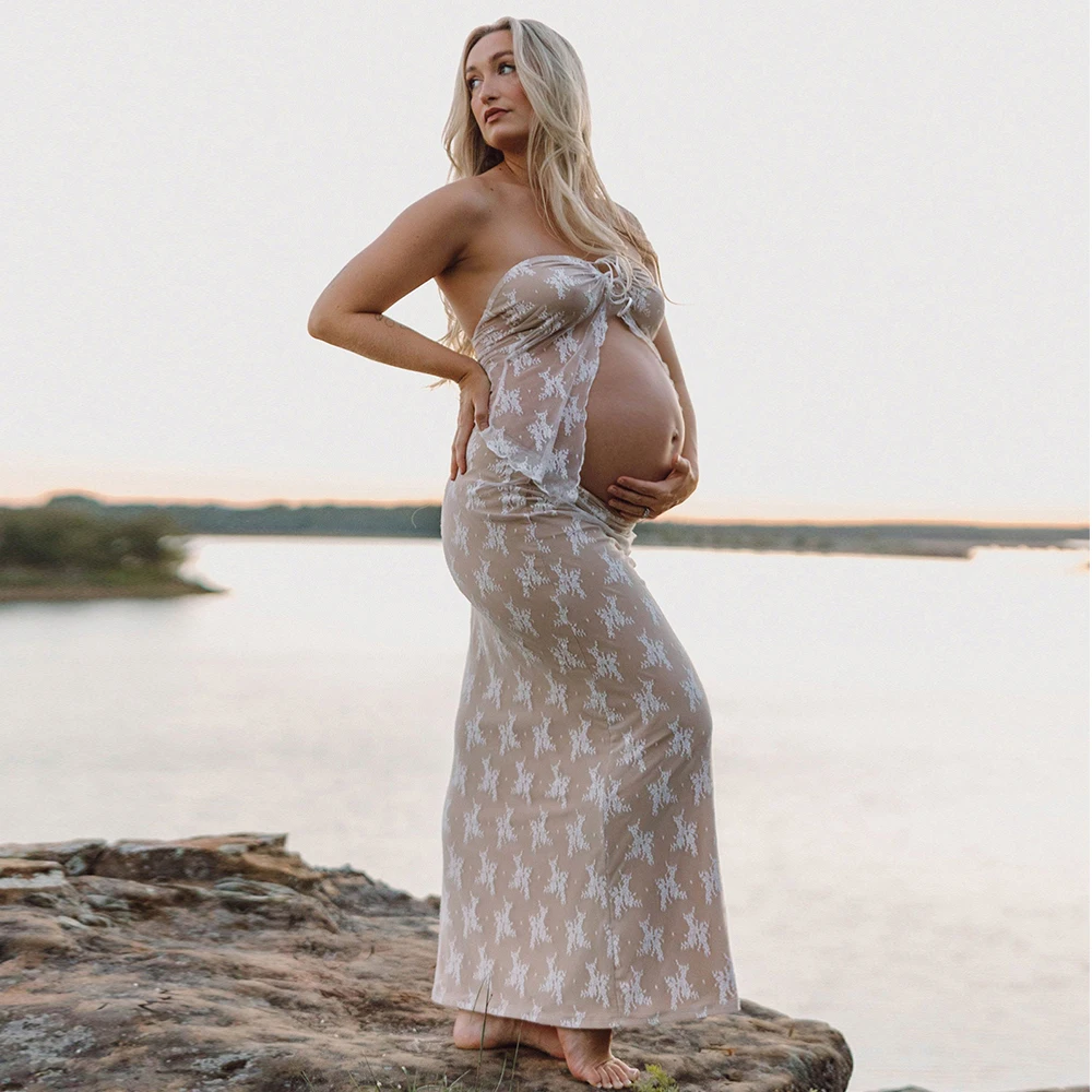 Maternity Lace Splicing Wrap Chest Sexy Long Dress Women Slim See-through Strapless Dress Two-Piece Suit For Pregnant Photograph