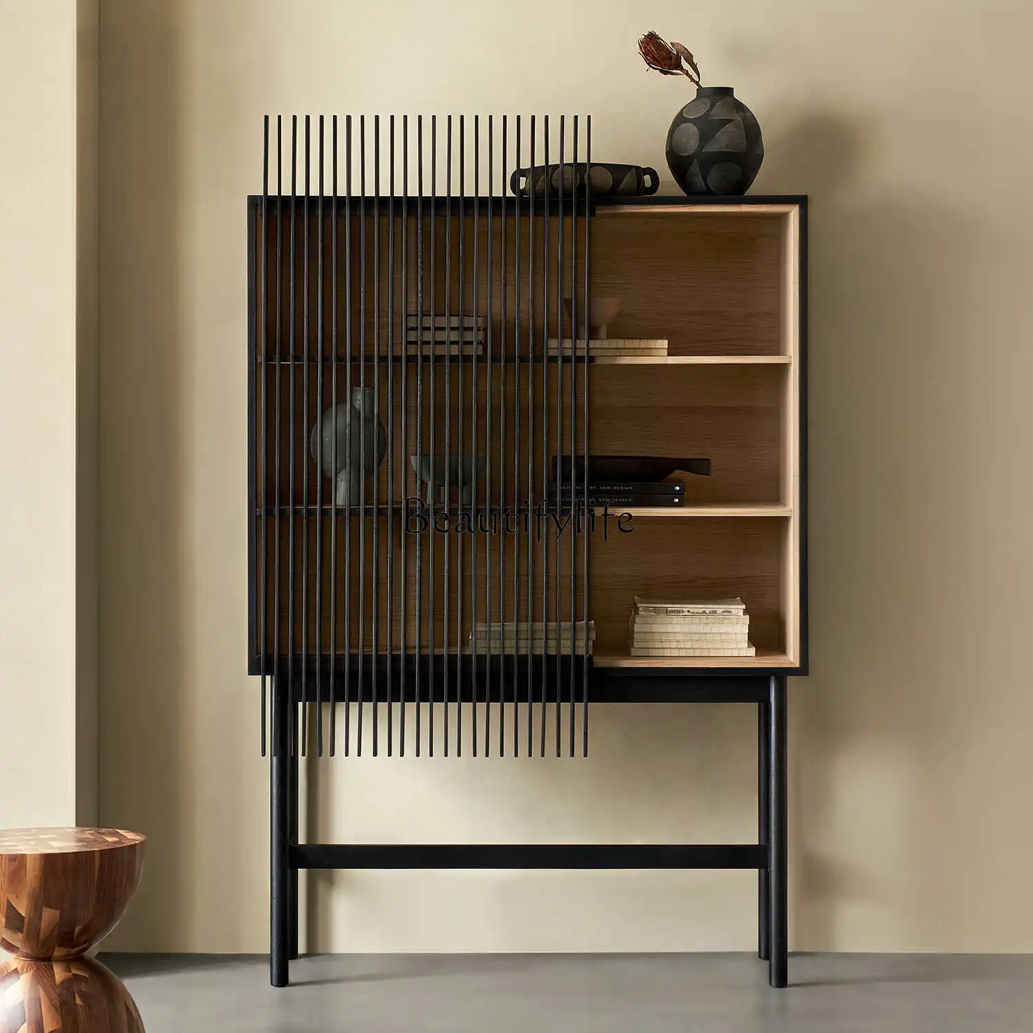 Nordic solid wood dining side display cabinet, oak black grille storage cabinet, quiet wind against the wall