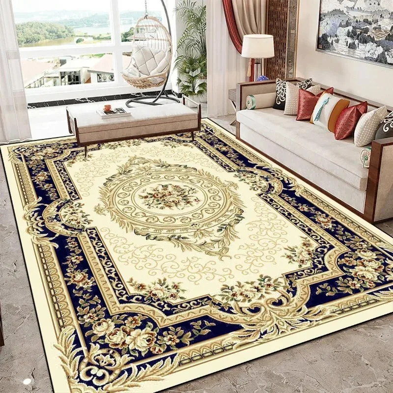 

VIKAMA European Palace Style Living Room Rug, Beige & Blue & Gold Patterned Sofa Carpet, Durable Stain-Resistant Luxury Decor