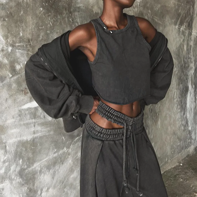 Vintage Hollow Out Design Wide Leg Pants Gray Loose Casual Sports Pants For Women High Waist Wide Leg Sweatpants Women Clothing