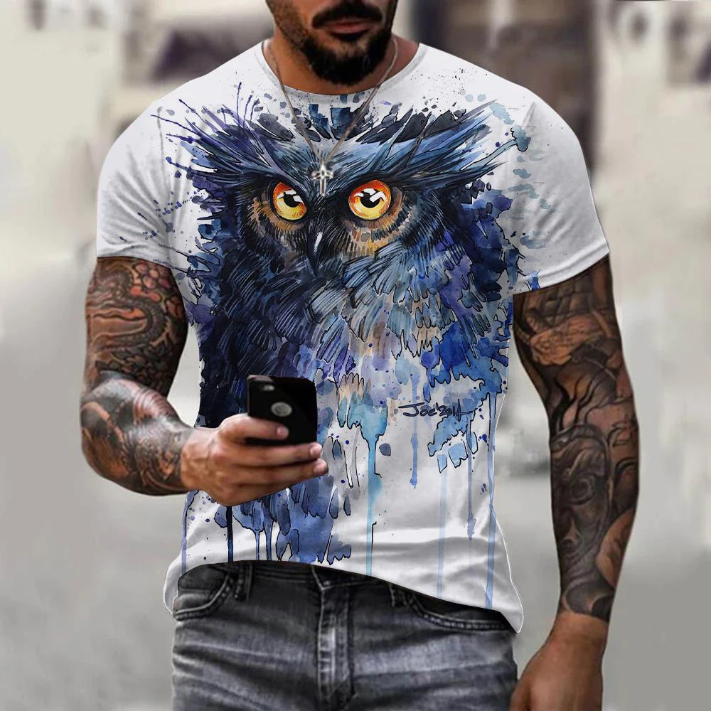 Fun Animal Owl 3D Print Summer Men\'s Round Neck T-shirt Casual Short Sleeve Oversized T Shirts Fashion Tee Tops Men Clothing