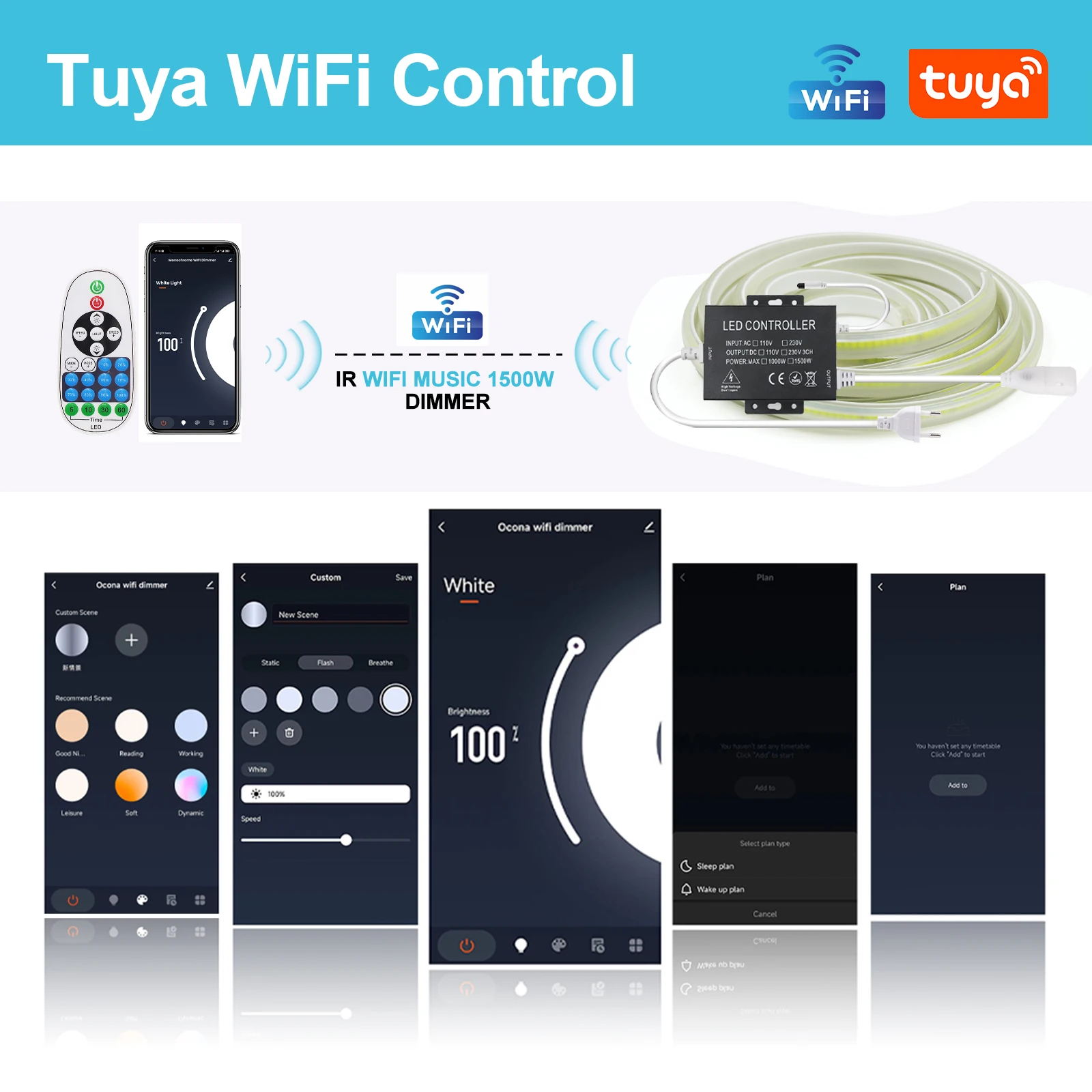 LED Dimmer Tuya Wifi/Wall Touch Remote/Bluetooth IR Control for 8mm PCB AC110V/220V 288Leds/m 3000K 4000K 6000K COB Light Strip