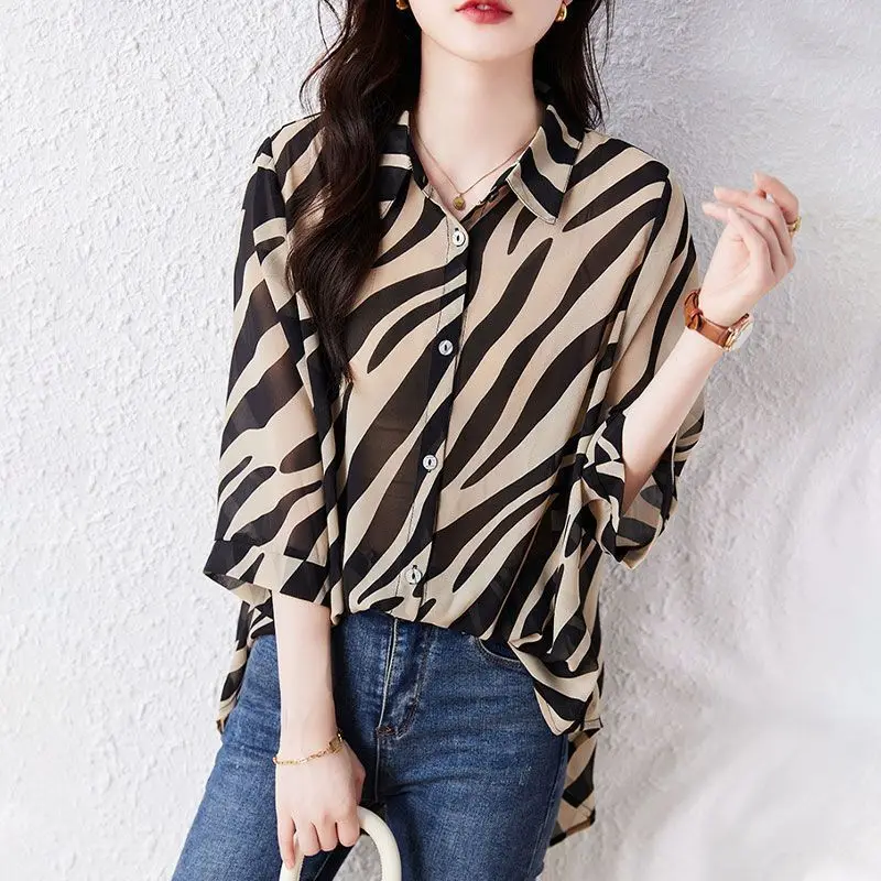 Stylish Zebra Printed Loose Blouse Women\'s Clothing Commute Single-breasted 2024 Spring Summer 3/4 Sleeve Korean Polo-Neck Shirt