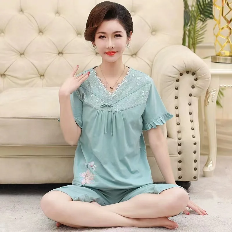 Fdfklak Middle-aged Elderly Pajamas Female Summer Cotton Short-sleeved Cropped Pants Suit Household Clothes Nightclothes Pijama