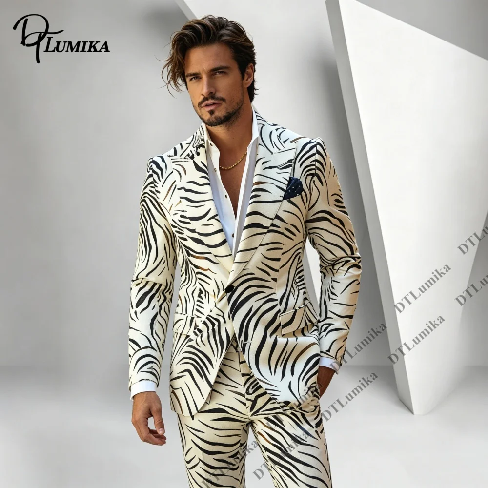 

Zebra Stripe Print 2 Piece Men's Suit Set for Themed Party Street Fashion Shooting Bold Trendy Suit Jacket Pants XS-4XL Tuxedo