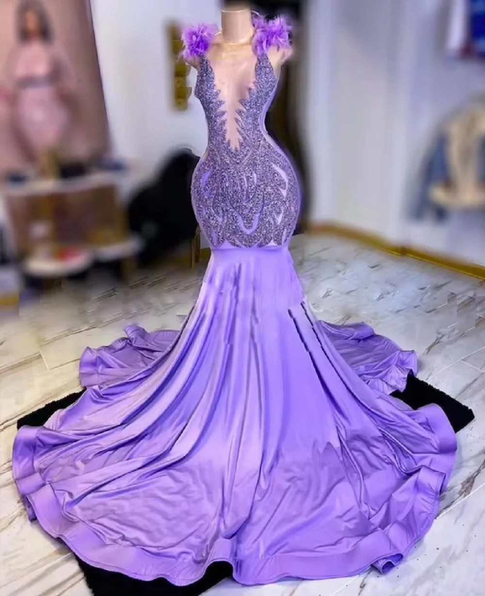 

Lilac Purple Mermaid customsized Prom Dress for Women Luxury Diamond Crystal Tassel Black Girl Birthday Runway Party Gown Gala