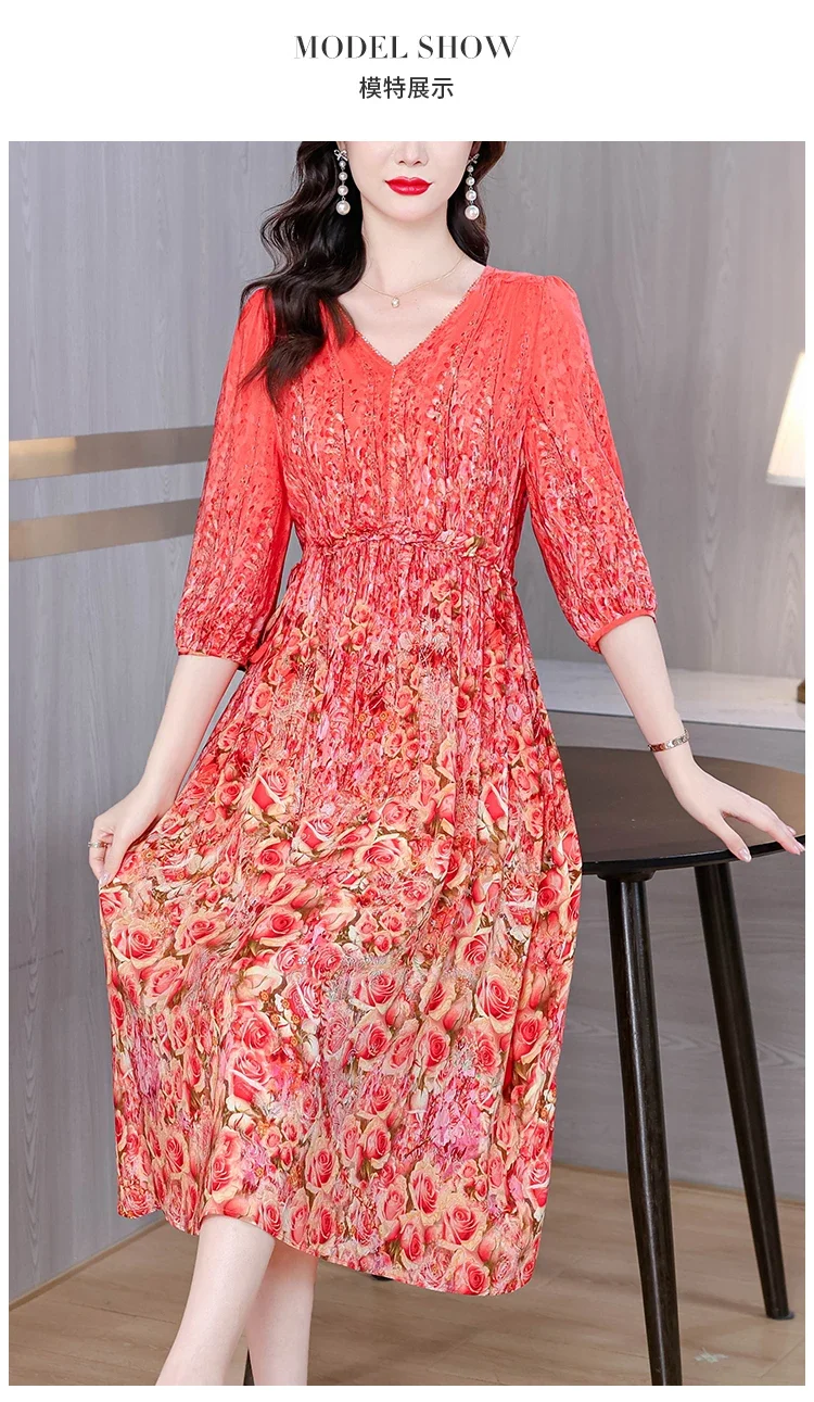 2025 봄 여름 꽃 실크 미디 드레스 여성 빈티지 Boho 패션 캐주얼 라이트 드레스 한국어 우아한 럭셔리 축제 Vestidos