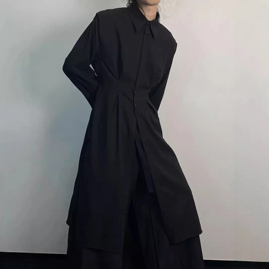 Y2K القوطية خندق معطف الرجال الظلام الأكاديمية الشارع الشهير قميص طويل فستان غير المتماثلة هيم مربوط فاسق نمط ملابس خارجية #3